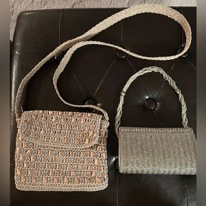 2 small purses - 1 silver party purse and 1 woven beige casual crossbody